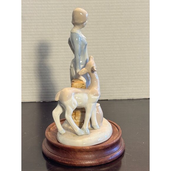 Porcelain Shepherdess & Fawn Figurine On Wooden Base - Picture 3 of 9